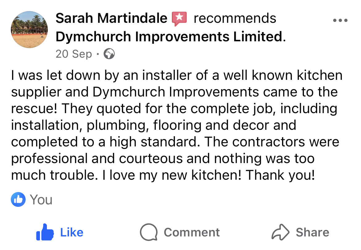 The review from our Newchurch client regarding her new kitchen from Dymchurch Improvements.
