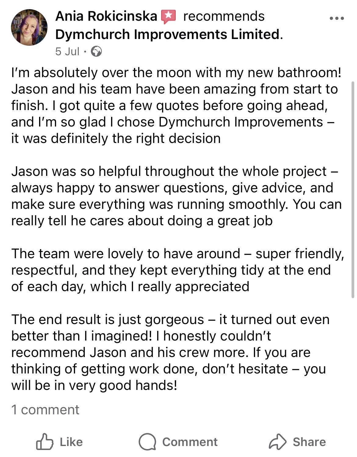 The review left by our client after the completion of their bathroom project.